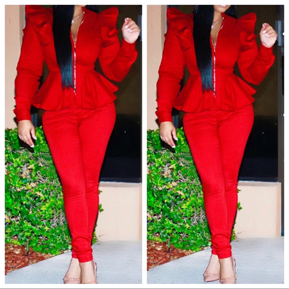 Red two-piece Ruffle Jacket and Pant suit NWOT